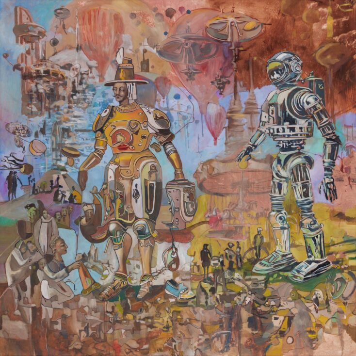 Semi abstract painting about Don Quixote traveling thru the world with his pet robot