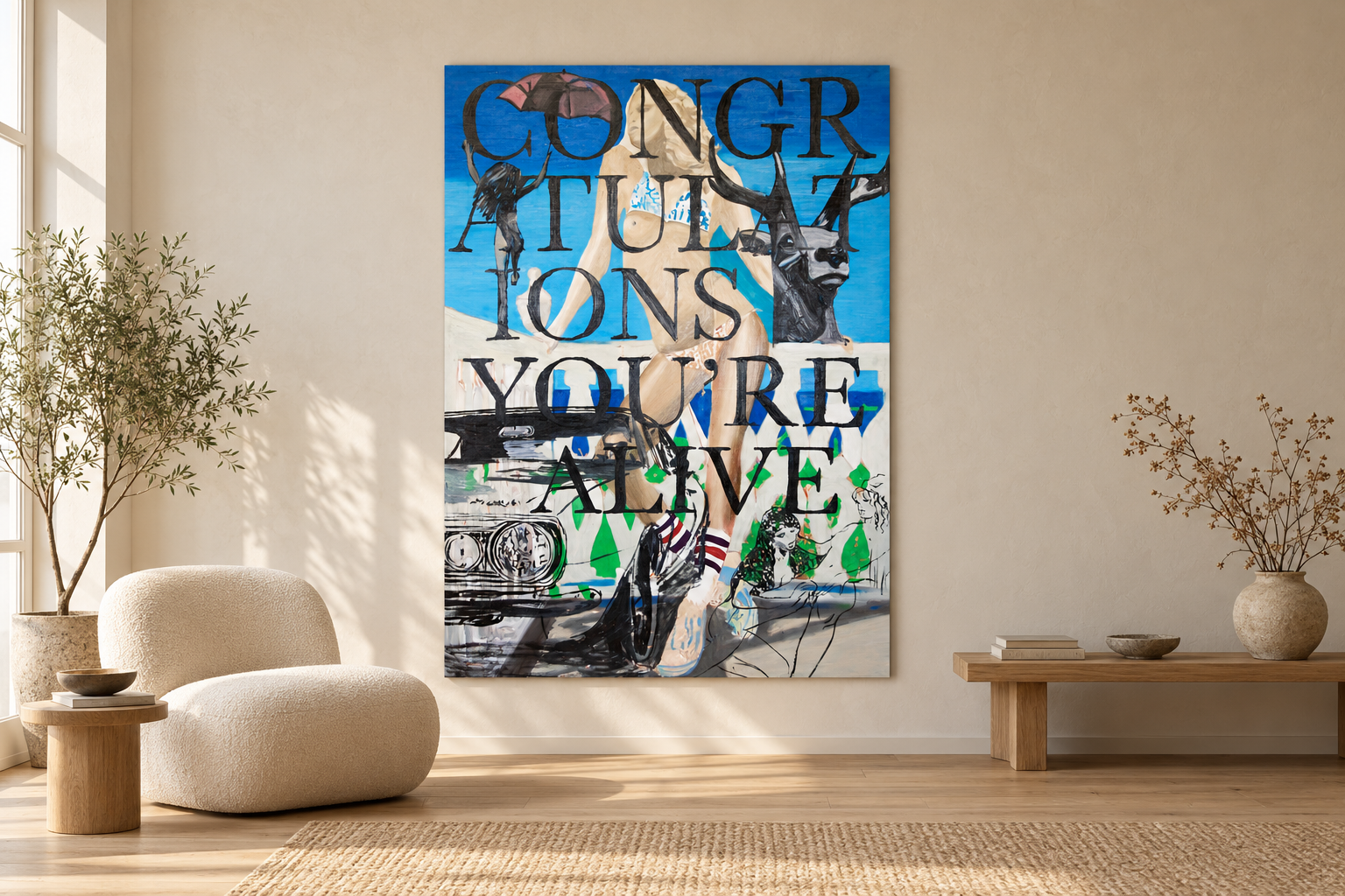AI-ga loodud interjööri visualiseering: Martin Saare „Congratulations, You’re Alive“, 140 × 200 cm.