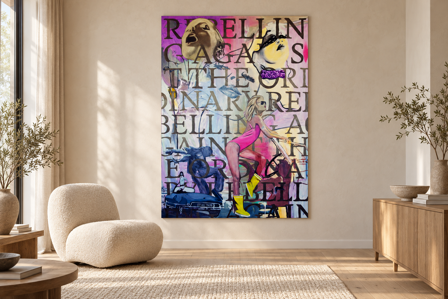 AI-ga loodud interjööri visualiseering: Martin Saare „Rebelling Against the Ordinary“, 140 × 200 cm.